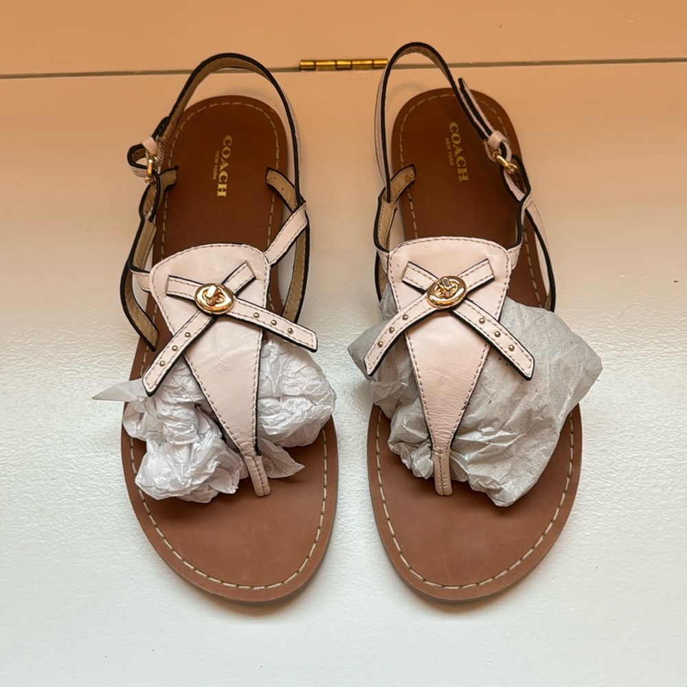 Coach Leather Strappy Sandals, Cream Color, Size 10